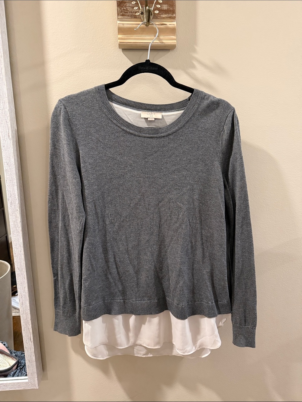 LOFT Gray Sweater with White Layered Hem